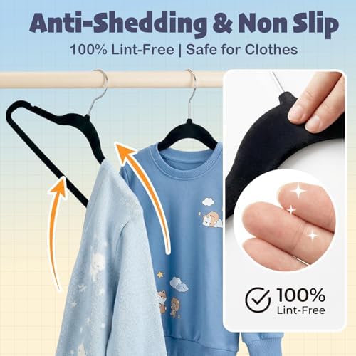 HOUSE DAY 14 Inch Kids Velvet Hangers 50 Pack, Durable Big Kid Hanger Black - Image 4