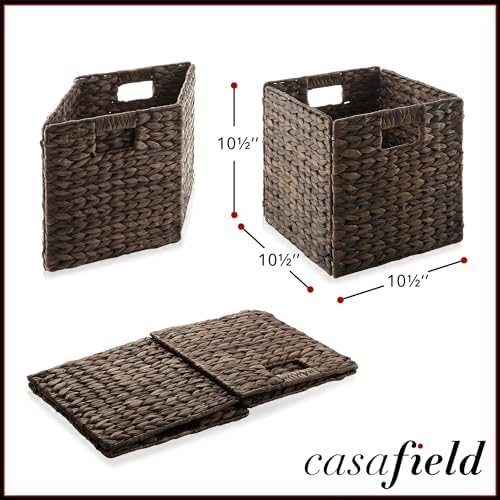 Casafield 10.5" x 10.5" Water Hyacinth Storage Baskets, Espresso - Set of 6 Collapsible Cube Organizers, Woven Bins for Bathroom, Bedroom, Laundry, Pantry, Shelves - Image 7