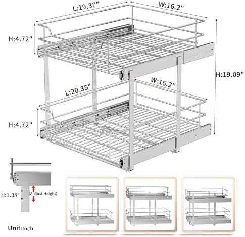 EZKAZA Pull Out Cabinet Organizer for Kitchen Utensil 17.5" W x 21" D, 2-Tier Cabinet Pullout Shelves and Drawer Organizer Slide Out Pantry Storage Basket, Bottom Basket 16.2" W x 20.4" D x 4.7" H - Image 4