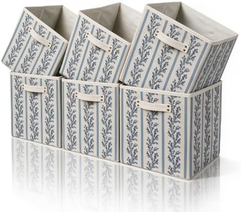 6 Pcs Fabric Indian Floral Cube Storage Bins 11 Inch Storage Basket with Handle, Linen Collapsible Fabric Box for Classroom Bedrooms Office Home Decoration (Grey stripe leaves) by BBSET