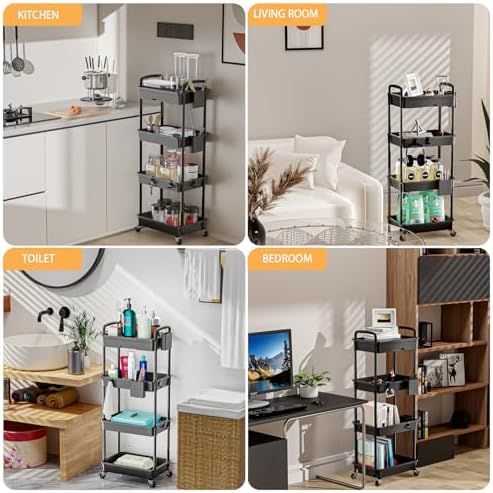 4 Tier Rolling Utility Cart with Drawer,REBECAT Utility Cart Made of Multifunctional Storage Organizer Tool for Kitchen,Bathroom,Living Room,Office(Black) - Image 6