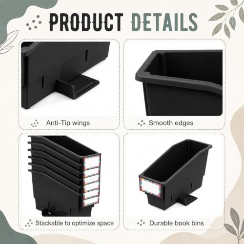 gisgfim 12 Pcs Non-Tip Book Bins with Stabilizer Wings (Black) - Image 3