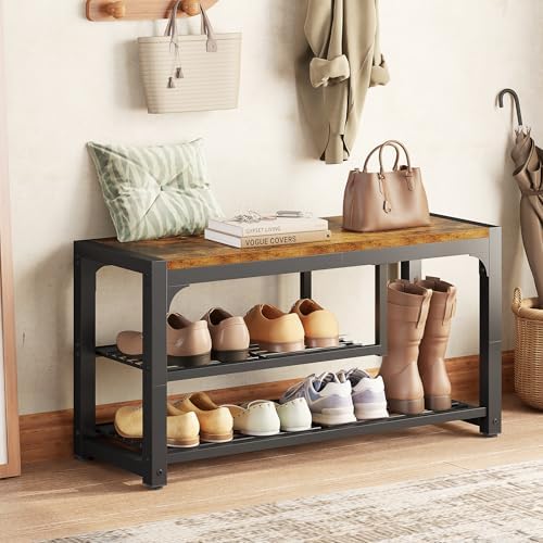 HOMEFORT Shoe Bench,3 Tiers Shoe Rack Bench,31.5" Shoe Storage Bench for Entryway, Retro Industrial Entry Bench with Mesh Shelves and Boot Storage,for Front Door Entrance, Rustic Brown - Image 4