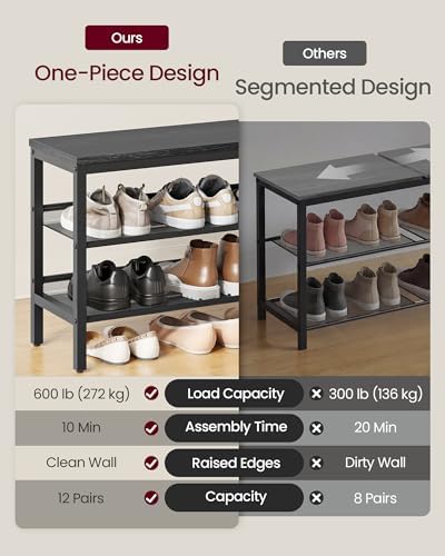 VASAGLE 3 Tier Shoe Rack Bench, One Piece Shelves, Shoe Storage Organizer with Raised Edges, Industrial Style, Easy Assembly, 11 x 39.4 x 19.7 Inches, Charcoal Gray and Matte Black ULSB075BA01S - Image 4
