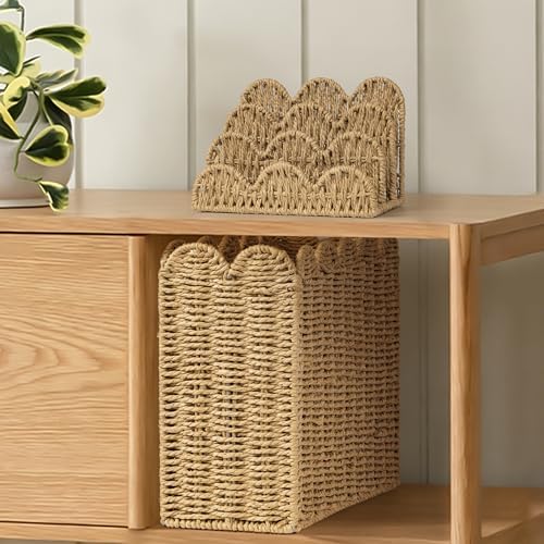 AELS Hand Woven Scalloped Basket Set of Mail Organizer and Magazine Holder, Coastal Style Mail Holder and Floor Magazine Rack, Boho Modern Farmhouse Book Basket Newspaper Bill Mail Sorter for Office - Image 7