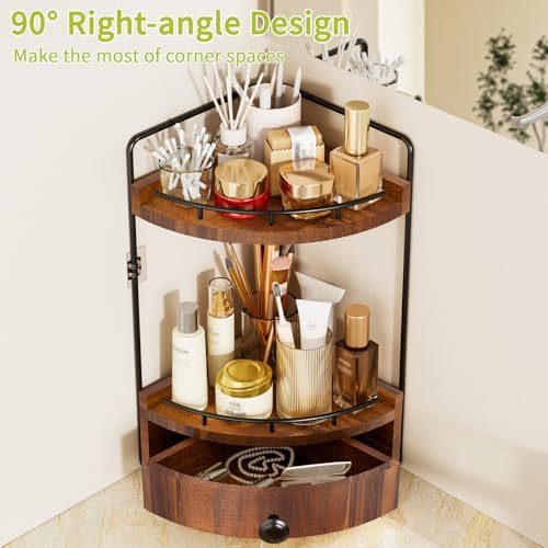 2-Tier Corner Bathroom Counter Organizer with Drawer, Acacia Wood - Image 4