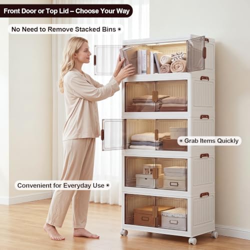 430QT Stackable Storage Bins With Lids, Collapsible Plastic Storage Bins with Wheels and Doors, Foldable Plastic Cabinets for Bedroom Dorm Garage - Image 4