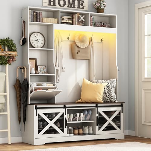 75''H 59''W Large LED Farmhouse Hall Tree with Bench and Shoe Storage,Entryway Bench with Coat Rack,16 Shoe Cubbies & Umbrella Holder and Sock Storage Drawer,Mudroom/Hallway Storages Cabinet(white ) - Image 3