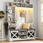 75''H 59''W Large LED Farmhouse Hall Tree with Bench and Shoe Storage,Entryway Bench with Coat Rack,16 Shoe Cubbies & Umbrella Holder and Sock Storage Drawer,Mudroom/Hallway Storages Cabinet(white ) - Image 3