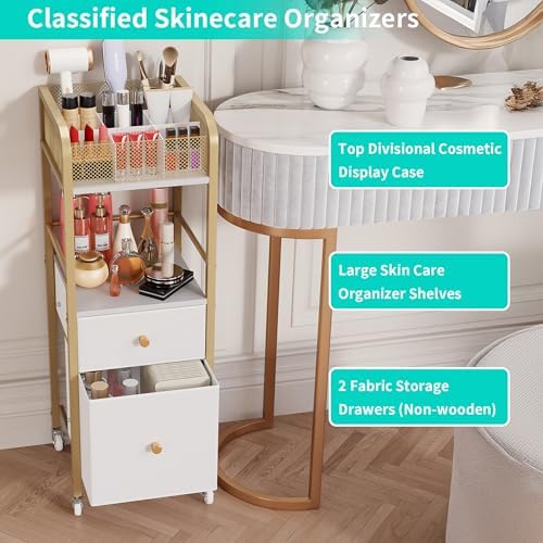 HapiRm Rolling Makeup Cart Organizer - Floor Skincare Make Up Storage with 2 Non-woven Fabric Drawers, Vanity Organizer Cosmetic Display Cases Holder for Skin Care Perfume Nail Polish Brush Hair Tool - Image 3