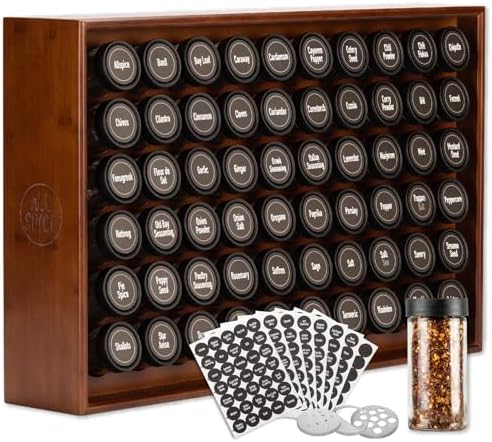 AllSpice Spice Rack Organizer, Wood, 525 Unique Labels, Countertop or Wall Mount, Includes 60 4oz Jars- Walnut Stain by AllSpice