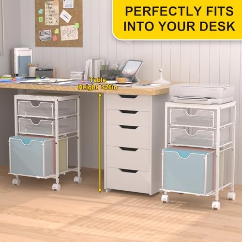 BOHDK Rolling File Cart with 3 Storage Drawers, Wood & Mesh Hanging File Folder Organizer with Wheels Under Desk, File Cabinets for Home Office, 11.81" D x 14.8" W x 25.39" H, White - Image 4