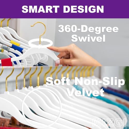 MIZGI White Velvet Hangers 40 Pack,Premium Gold Clothes Hangers Non-Slip Felt Hangers,Sturdy White Hangers Heavy Duty Coat Hangers,Durable Suit Hangers for Space Saving, No Hanger Marks - Image 2