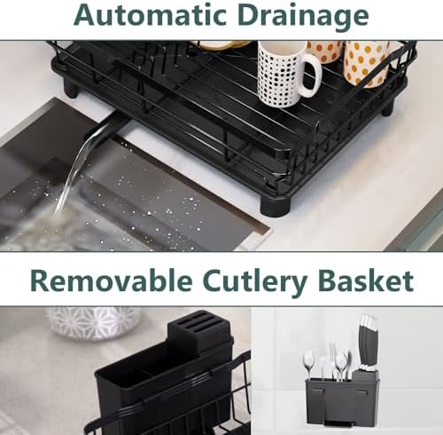 AIDERLY Metal Dish Drying Rack Automatic Drainage, Black, Large - Image 4