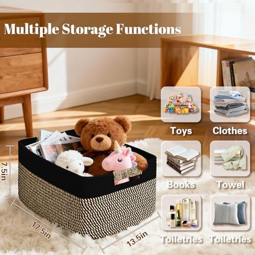 2 Pack Large Storage Basket for Organizing, 17.5"x13"x7" Woven Basket for Shelves, Closet Cube Storage Bins with Wrapped Handle, Cotton Rope Baskets for Kitchen, Clothes, Toys(Black & Brown) - Image 2