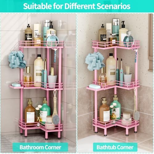 HapiRm Corner Shower Caddy Standing - 3 Tier Shower Organizer Corner with Soap Holder, Rustproof Bathroom Standing Organizer with 4 Hooks, Pink - Image 5