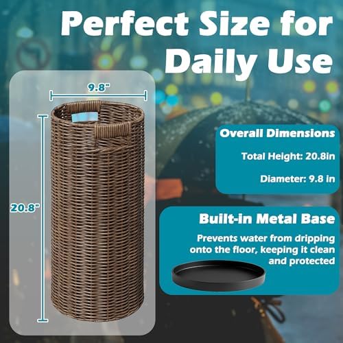 Rattan Umbrella Holder 21"H X 10"D, Handmade Wicker Umbrella Stand Indoor with Dip Tray, Sturdy Umbrella Holders for Entryway, Umbrella Bucket Fits Mudroom,Walking Canes,Home,Office (Brown) - Image 3