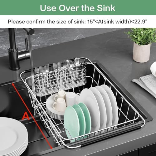 Fanbsy Large Dish Drainer Rack in Sink Adjustable, Expandable 304 Stainless Steel Metal Dish Drying Rack Organizer with Stainless Steel Utensil Holder Over Inside Sink Counter, Rustproof - Image 3