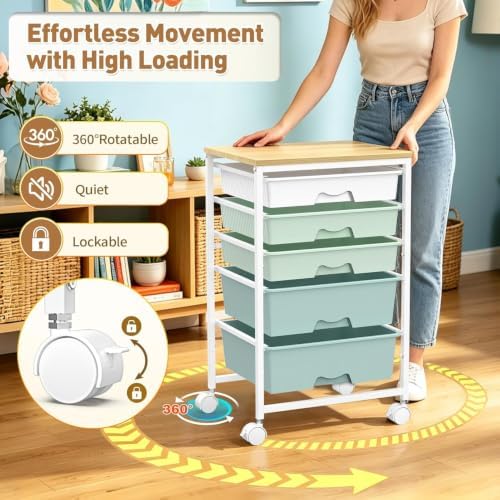SUNALLY Rolling Carts With 5 Drawers, Storage Drawer Carts for Craft, Green - Image 6