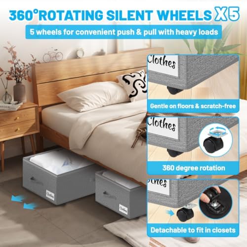 Under Bed Storage with Wheels, 4-Pack 10" Height XXL 75L Rolling Storage Bins, Quick Assembly Underbed Shoe Storage Containers with Clear Lid & Label, Dorm Under Bed Drawers for Clothes, Shoes, Grey - Image 4