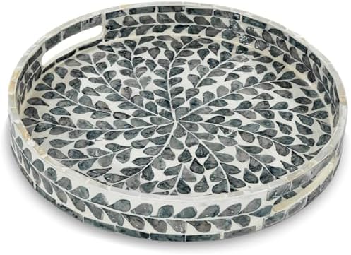 Serving Tray 12.5 Inch, Lacquer Mother of Pearl Inlay Mosaic Tray, Round Wooden Marble Tray with Handles Trays for Tea, Breakfast (Black Leaf) by WovenWickerThings
