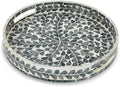 Serving Tray 12.5 Inch, Lacquer Mother of Pearl Inlay Mosaic Tray, Round Wooden Marble Tray with Handles Trays for Tea, Breakfast (Black Leaf) by WovenWickerThings