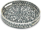 Serving Tray 12.5 Inch, Lacquer Mother of Pearl Inlay Mosaic Tray, Round Wooden Marble Tray with Handles Trays for Tea, Breakfast (Black Leaf) by WovenWickerThings