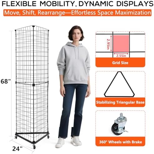 Triangular Gridwall Panel Display Stand, 3-Sided Grid Tower with Base and Casters, 2'x5.5' Floorstanding Wire Grid Rack, Black - Image 2