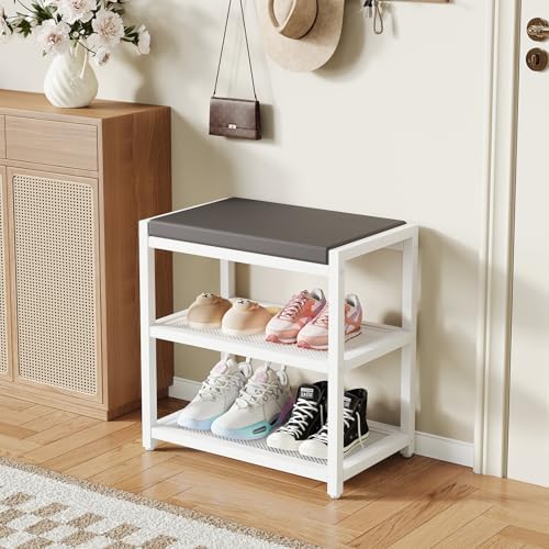 Small Shoe Bench Shoe Rack Storage Bench Entryway Bench Shoe Shelf with Seat Cushion, Stable Shoe Organizer for Entryway, Living Room, Bench Seat Holds Up to 300 lb, (18"L x 12"W x 17"H, White) - Image 2