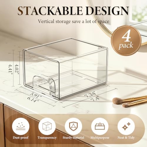 4 Pack Clear Stackable Storage Drawers Bathroom Makeup Organizer Bins - Image 2