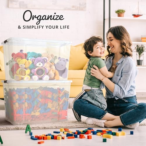 Lifetime Appliance Parts 4 PACK 97 Qt. Plastic Storage Bin Tote Organizing Container with Ultra Durable Lid & Secure Latching Buckles Stackable Extra Strength Clear w/Black Handle - Image 2