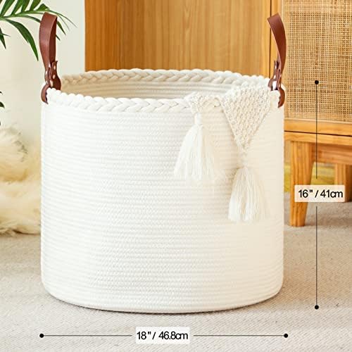 KAKAMAY Large Blanket Basket (18"x16"),Woven Baby Laundry Hamper,Cotton Rope Blanket Basket for Nursery, Laundry, Living Room, Pillows, Baby Toy chest with Leather Handles (White) - Image 6