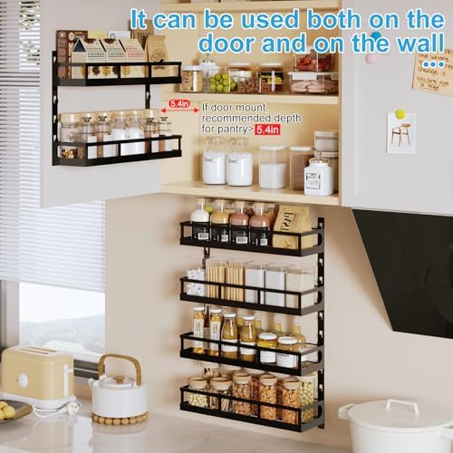 X-cosrack 6-Tier Wall-Mounted Spice Rack Organizer with Mixed Basket Sizes, Height-Adjustable Hanging Spice Shelf for Kitchen Pantry Cabinet, Large-Capacity Seasoning Holder, Black - Image 3