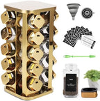 Kitchen stainless steel spice rack with 20 food grade glass cans-275 spice label-rotating vertical bracket and countertop seasoning rack cabinet tower storage rack (golden, 20) by Unknown