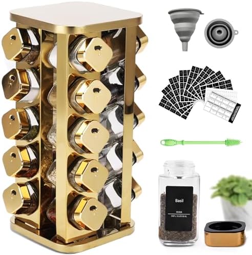 Kitchen stainless steel spice rack with 20 food grade glass cans-275 spice label-rotating vertical bracket and countertop seasoning rack cabinet tower storage rack (golden, 20) by Unknown