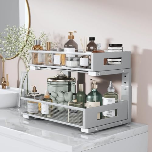 2 Packs 17IN Depth Under Sink Organizer, 2-Tier Pull Out Cabinet Organizer With Smooth Circular Rail, Large Capacity Metal Mesh Sliding Drawers For Bathroom& Kitchen Storage,Height Adjustable–Gun Gray - Image 6