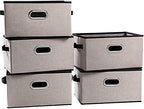PRANDOM Large Fodable Storage Bins for Closet [5-pack] Decorative Linen Fabric Storage Bins Cubes with Leather/Metal Handles for Shelves Bedroom Living Room Light Grey (14.9x9.8x8.3 Inch) by Prandom