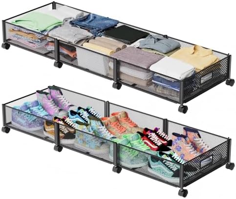 Under Bed Storage with Wheels 47.2"(L)/57.6L Large Rolling Under Bed Storage, Metal Underbed Containers on Wheels, Tool-Free Assembly Foldable Metal Underbed Drawers for Shoes Clothes Toys by NONKKY