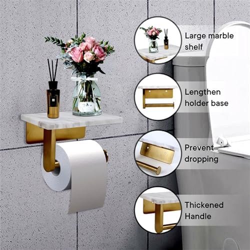 Toilet Paper Holder with Natural Marble Shelf for Bathroom Washroom,Wall Mounted Tissue Holder Suitable for Mega Roll (Brushed Gold, Small 6.7 * 4.3 in) - Image 3