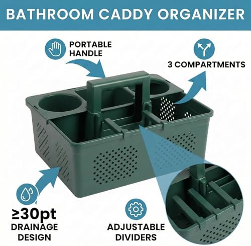 KMV Dorm Room Portable Shower Caddy with Adjustable Compartments - Ventilated Drainage Design with Handles, Perfect Toiletries Organizer for College Dorms-green - Image 2