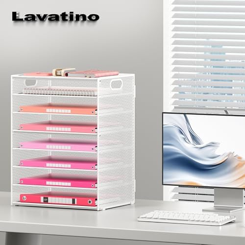 Lavatino 8-Tier Letter Tray Desk Paper Organizer, Mesh File Tray Organizer for Desk, Office Supplies & Home Organization, Fits A4 Paper, Mail, Magazines and Office Accessories (White with Handle) - Image 4