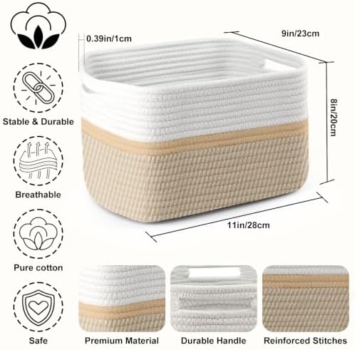 4 Pack Storage Baskets for Organizing, 11''Lx9''Wx8''H Woven Baskets for Storage Toys, Towels, Books, and Clothes, Cotton Rope Basket for Shelves with Handle - Image 2