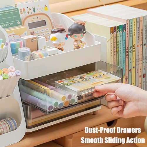 Desk Organizer with Pen Pencil Holder, Pen Organizer with 2 Drawers & 4 Compartments, Desktop Organizers and Storage for Office Home School Art Supplies (Pink) - Image 6