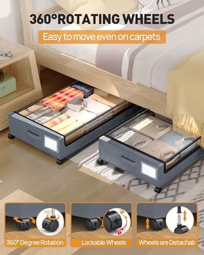 Under Bed Storage with Wheels, Square Under Bed Storage Containers, 4 Pack Under The Bed Storage Bins, Under Organizer with Clear Lids-60L Rolling Underbed Storage For Clothes, Shoes... - Image 2