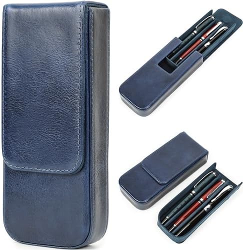 Top Grain Genuine Leather 3 Fountain Pen/Pencil Tray Case Holder, Solid Fashion Design, Handmade, Magnetic Closing with Drawer Design, Gift Choice for Man/Woman/Office, Glossy Blue, 3 Slots by CataPurusLeatherCrafts
