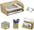 EasyPAG Desk Organizers and Accessories 5 Pieces Office Supplies Set - 2 Tier Paper Tray, Pencil Organizer for Desk, Mail Sorter Countertop, Business Card Holder and Sticky Note Holder, Gold by EasyPAG
