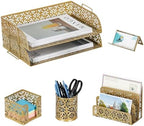 EasyPAG Desk Organizers and Accessories 5 Pieces Office Supplies Set - 2 Tier Paper Tray, Pencil Organizer for Desk, Mail Sorter Countertop, Business Card Holder and Sticky Note Holder, Gold by EasyPAG