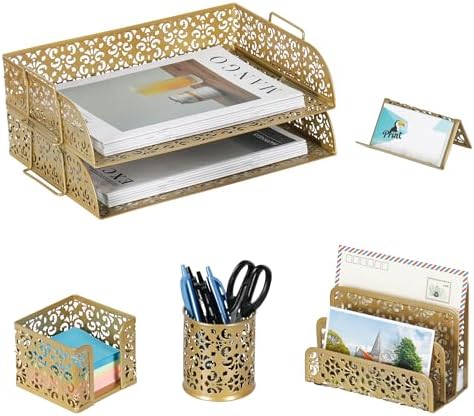 EasyPAG Desk Organizers and Accessories 5 Pieces Office Supplies Set - 2 Tier Paper Tray, Pencil Organizer for Desk, Mail Sorter Countertop, Business Card Holder and Sticky Note Holder, Gold by EasyPAG