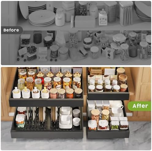 Seinloes 6 Pack Pull Out Cabinet Organizer 21"Deep with Raising Pad for Framed Cabinets,Expandable Slide Out Drawers with 4pcs Divider Racks,Roll Out Shelf Adhesive,Adjustable Width 12.05"-20.4"Black - Image 6