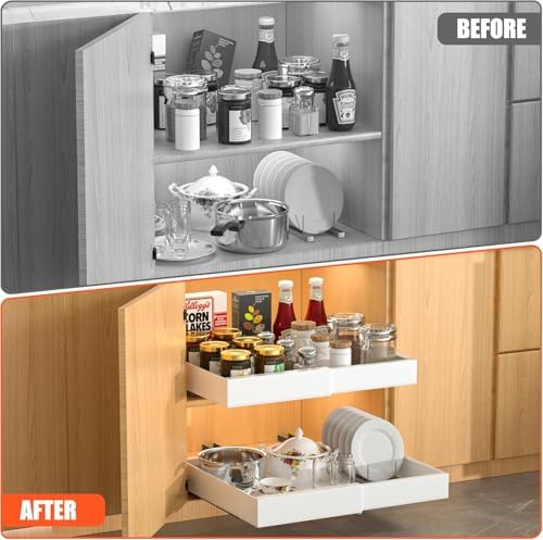 DEKAVA 4 Pack Pull Out Cabinet Organizer Expandable, Adhesive with Nano Film, Pull Out Drawers for Cabinets in Kitchen, Pantry or Bathroom (White, 21“DEEPX[12"-20'']Width-4PACK) - Image 3